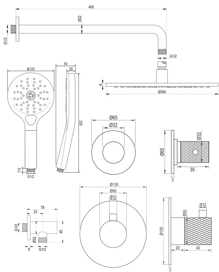 Brauer Brushed Carving complete inbouw regendouche set 10 met 30cm douchekop, gebogen muurarm en 3 standen handdouche RVS geborsteld PVD