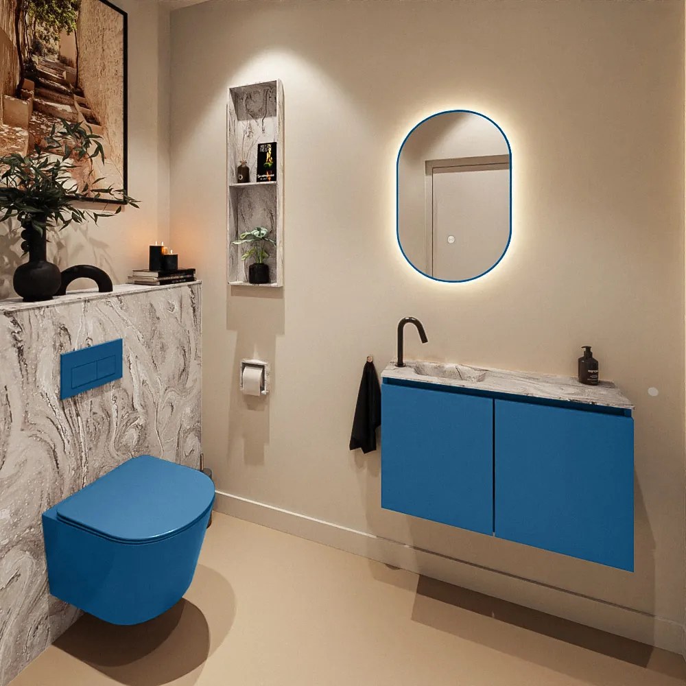 Mondiaz Ture DLux toiletmeubel 80cm jeans met wastafel glace links met kraangat