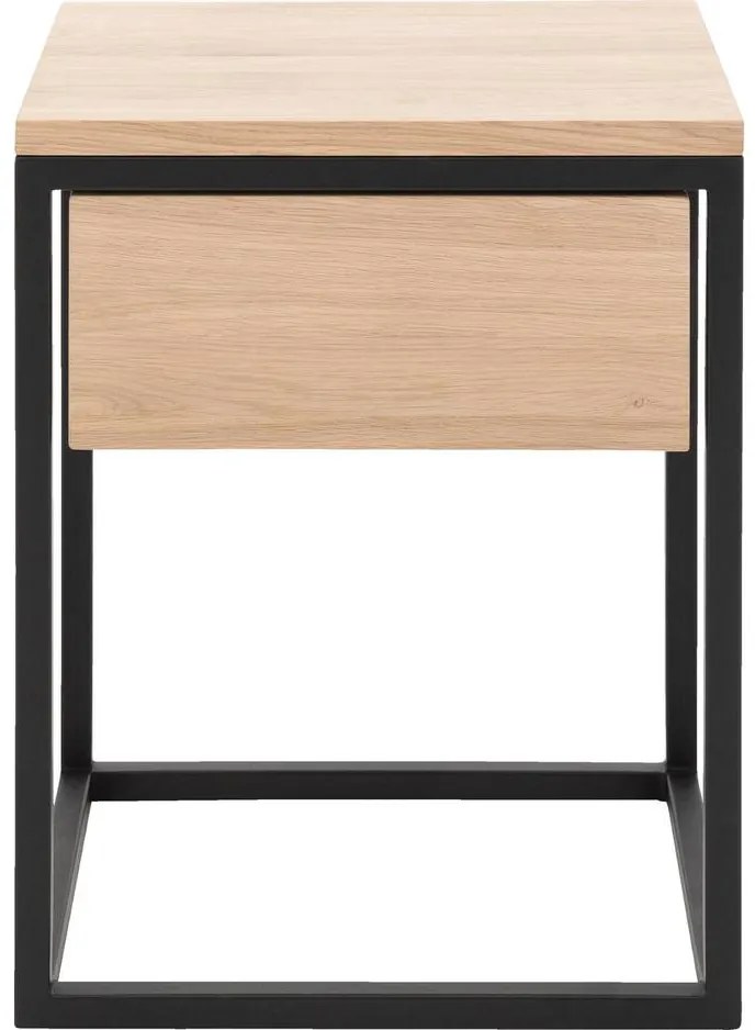 Goossens Nachtkastje Ord, Metaal ral 9005 zwart, met lade en bovenblad massief eik, 40 x 35 x 57 cm hoog