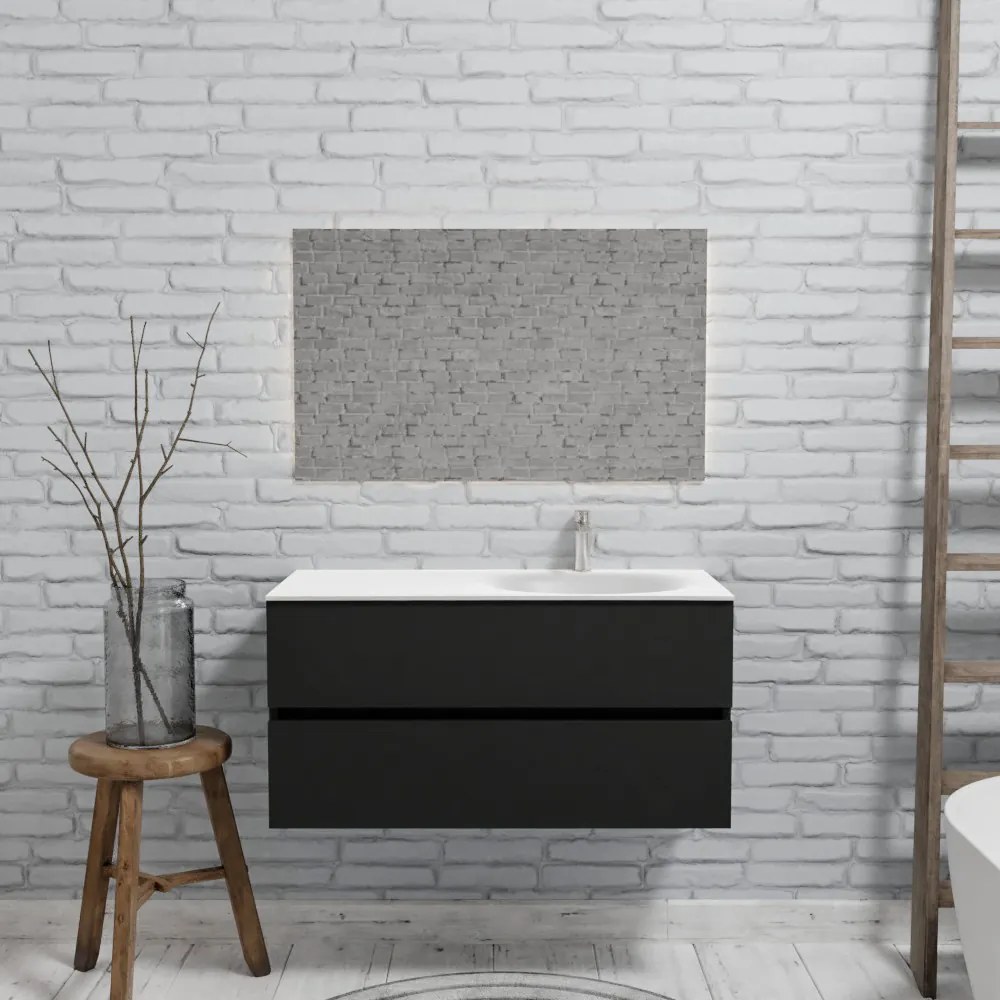 Zaro Sevilla Solid Surface badmeubel 100cm mat zwart 1 kraangat met 2 lades spoelbak rechts