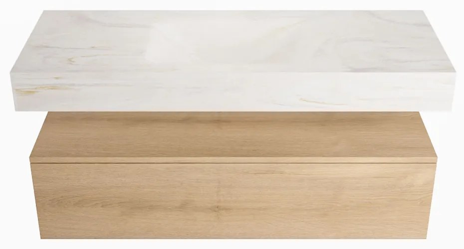 Mondiaz Alan DLux badmeubel 120cm washed oak 1 lade met wastafel ostra midden 1 kraangat