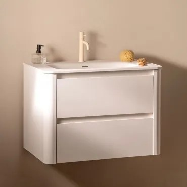Egerton Houten Badkamermeubelset Met Geïntegreerde Wastafel Wit & Spiegelloze & Tapioca Beige ↑20 Cm Met Overloop Aftapventiel Orveta - Sklum