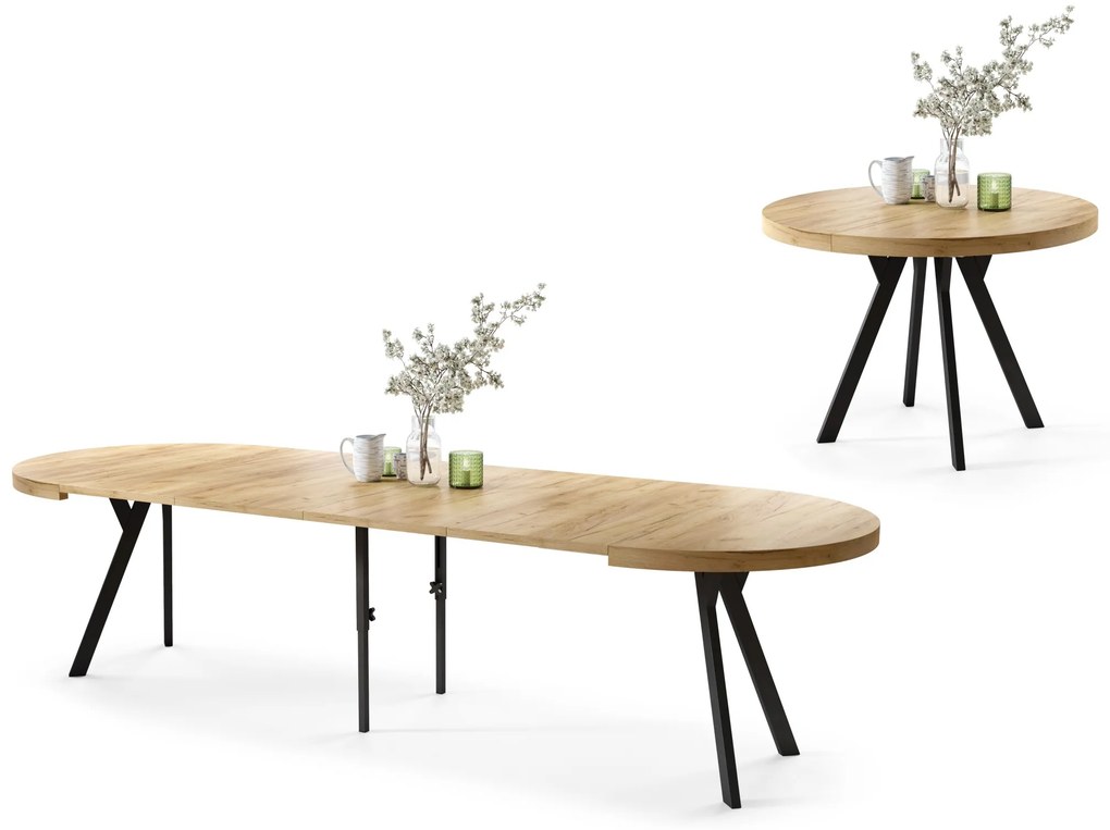 EXPANSO Eik Craft Złoty/zwarte poten - GROTE RONDE TAFEL Ø110 UITBREIDBAAR TOT 310 cm met Y-POTEN LOFT/INDUSTRIAL