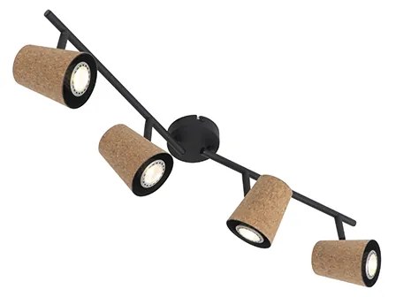 Plafondspot zwart met kurk kap 4-lichts verstelbaar - Corky