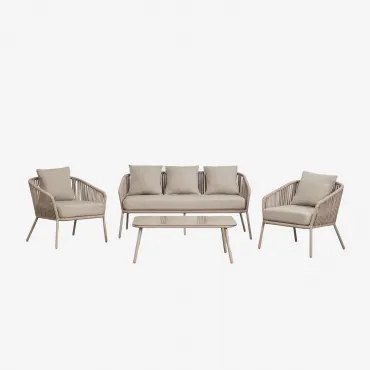 Tuinset Met 2-zitsbank, 2 Fauteuils En Salontafels In Aluminium En Gevlochten Touw Arhiza Moka Bruin - Sklum
