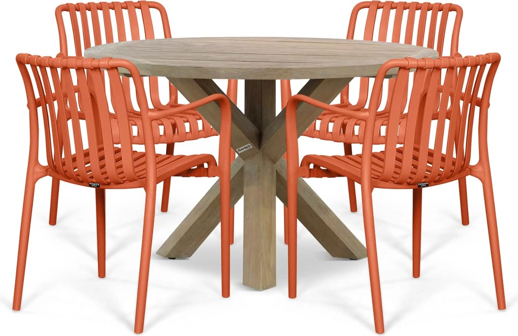 Tuinset Ronde Tuintafel 4 personen 120 cm Kunststof Oranje Domani Furniture Alba/Sand