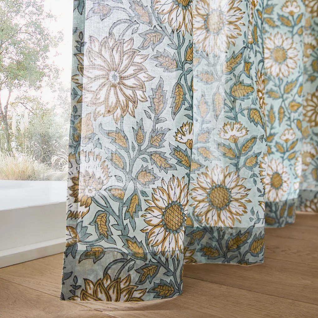 Katoenen glasgordijnen met blokprint en ringen, SHANDIRA