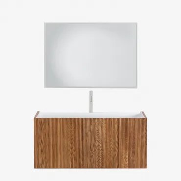 Badkamermeubelset In Hout Met Geïntegreerde Wastafel Fiore Donker Hout & Rechthoekige Led En Anticondens 100x70 Cm Tamsin & Geborsteld - Sklum