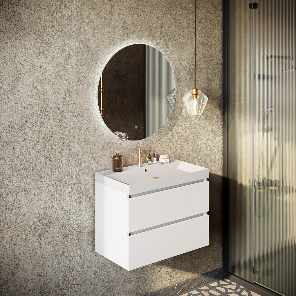 Fontana Kolo wastafelmeubel mat wit 80cm mat witte wastafel 1 kraangat met ronde spiegel