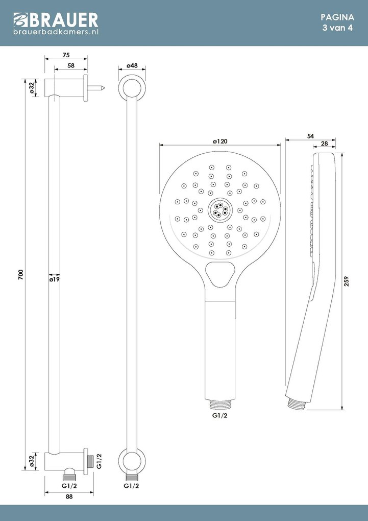 Brauer Stripe inbouw regendouche rond met 25cm hoofddouche, rond met gebogen muurarm, glijstang en 3 standen handdouche set 47 messing geborsteld PVD
