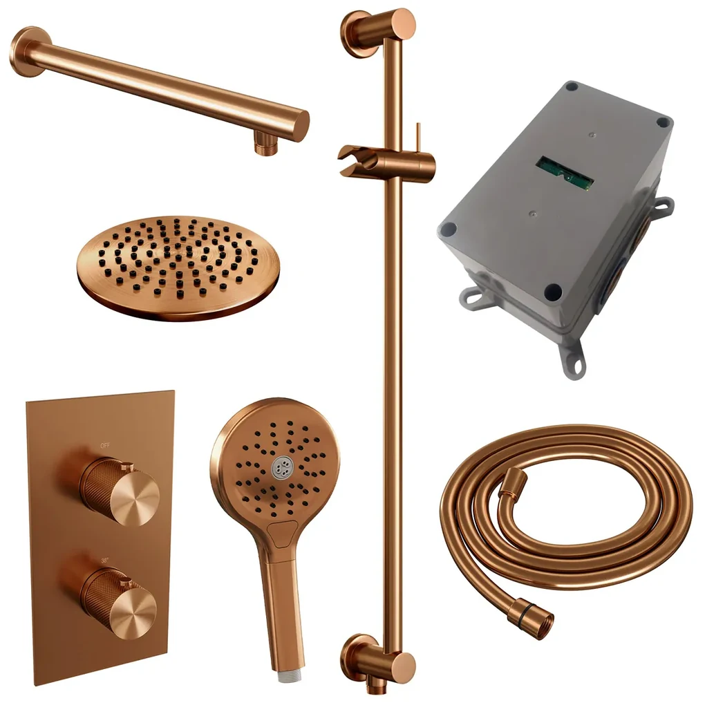 Brauer Copper Carving complete inbouw regendouche set 43 met 20cm douchekop, rechte muurarm, 3 standen handdouche en glijstang geborsteld koper PVD