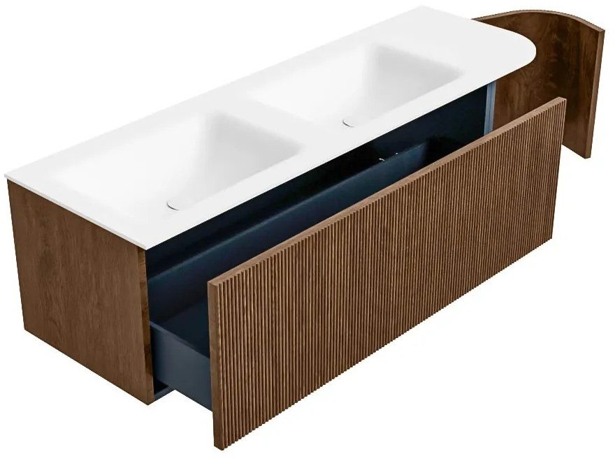 Mondiaz Kurve 145cm badmeubel ronding rechts walnut met 1 lade en deur en wastafel cloud dubbel/links 2 kraangaten