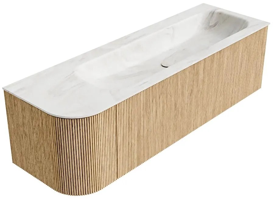 Mondiaz Kurve-dlux 145cm badmeubel ronding links oak met 1 lade en deur en wastafel big large rechts 2 kraangaten ostra