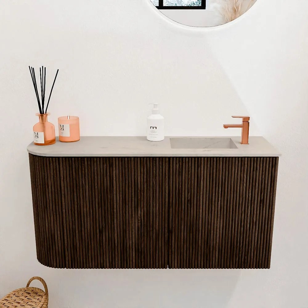Mondiaz Joya DLux 80cm toiletmeubel ronding links walnut met wastafel faye rechts 1 kraangat opalo
