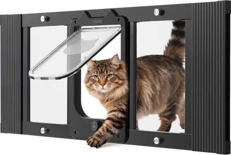 VEVOR Kattenluik/kattendeur, verstelbaar voor raambreedtes (787-914 mm), weerbestendig huisdierluik met 4 veilige vergrendelingsstanden, aluminium frame, helder glas en magnetische sluiting, zwart