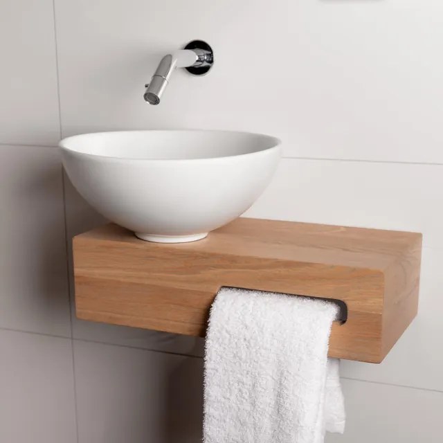 Wiesbaden Oak houten toiletset compleet met Hotbath inbouwkraan, waskom links, houten blad, sifon en afvoerplug geborsteld nikkel sw12944/sw12950/sw23942/sw296051/sw440853/