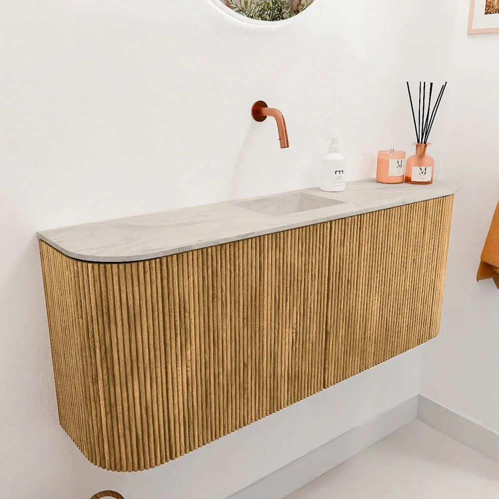 Mondiaz Joya DLux 105cm toiletmeubel ronding links/rechts oak met wastafel faye midden zonder kraangat ostra