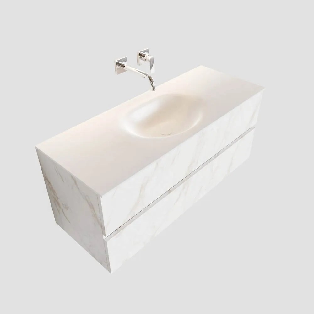 Zaro Sevilla Solid Surface badmeubel 120cm wit marmer zonder kraangat spoelbak midden met 2 lades