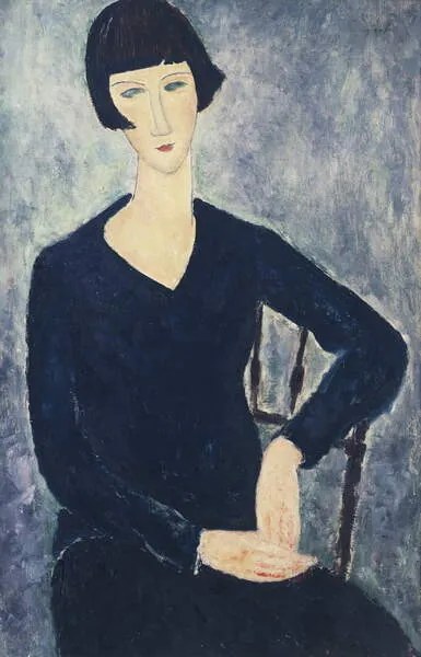 Kunstreproductie Young woman with a fringe or young seated woman in blue dress, Modigliani, Amedeo