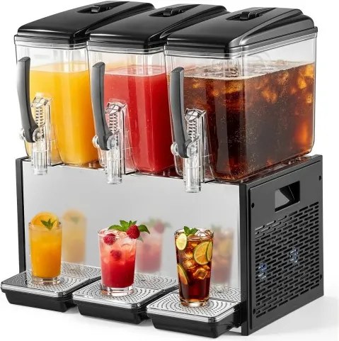 VEVOR elektrische drankdispenser 3 x 12 L 7-12 °C sapdispenser met PC-reservoir, voor restaurants, hotels, bars en kiosken, met roerstaaf voor gelijkmatig mengen, drukschakelaar en lekbak