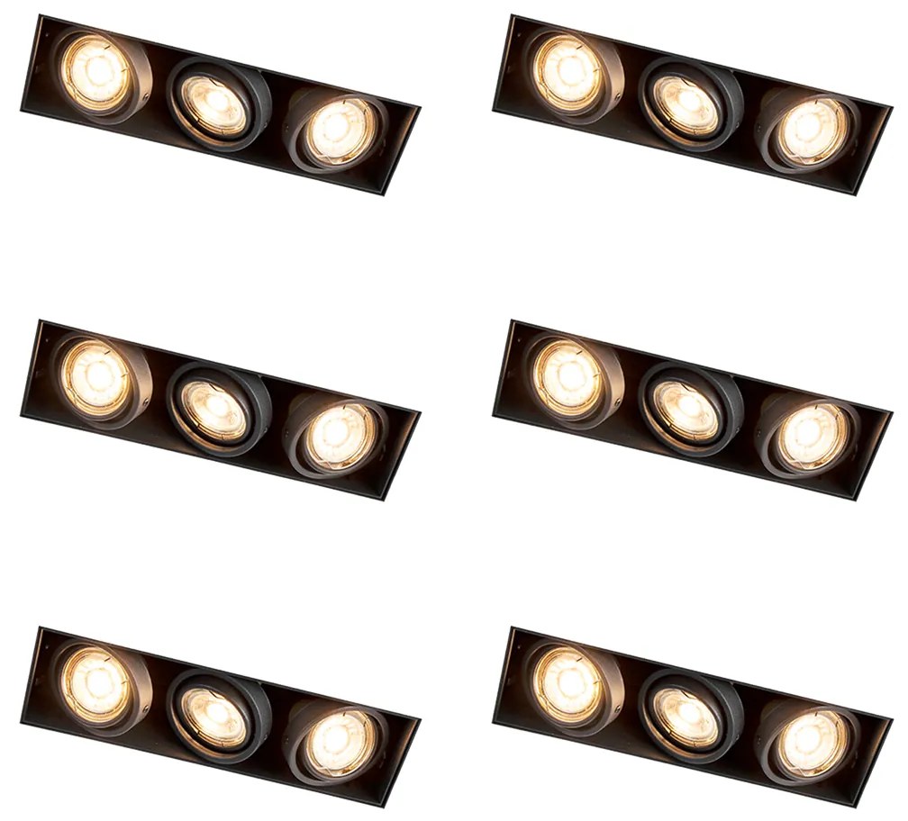Set van 6 Inbouwspot zwart draai- en kantelbaar trimless 3-lichts - Oneon