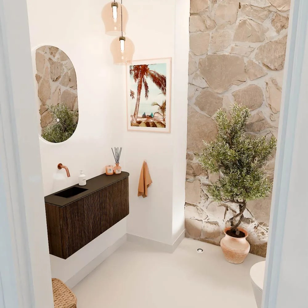 Mondiaz Joya 90cm toiletmeubel ronding rechts walnut met wastafel faye links zonder kraangat urban