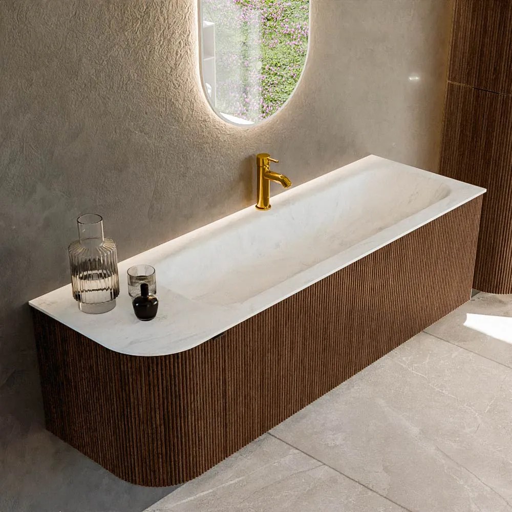 Mondiaz Kurve-dlux 145cm badmeubel ronding links walnut met 1 lade en deur en wastafel big large kraangat rechts opalo