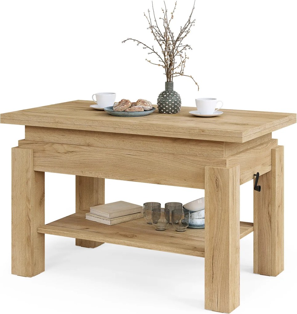 BRAVO goud eiken – uitschuifbare en in hoogte verstelbare salontafel, tafel met plank