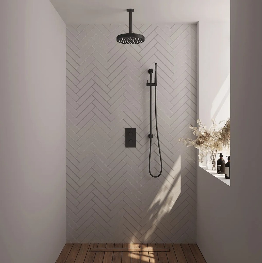 Brauer Stripe inbouw regendouche met 25cm hoofddouche, met plafondarm, glijstang en staafhanddouche set 21 zwart mat