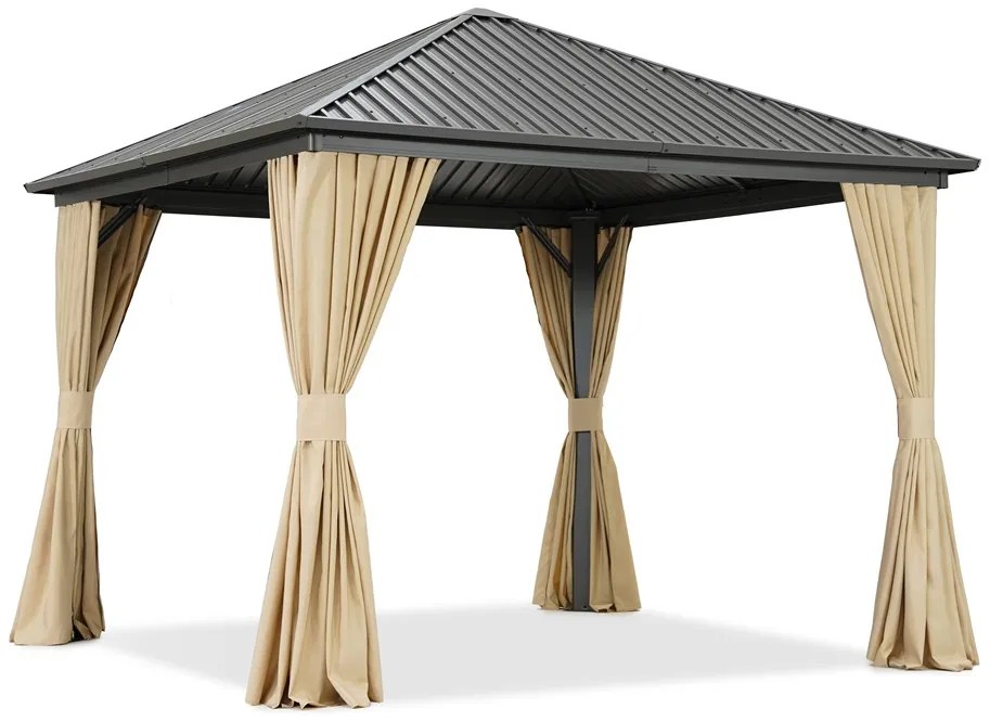 Metalen tuinhuisje Sardinië 3x3 met gordijnen Garden Point beige