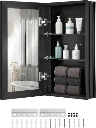 VEVOR Spiegelmedicijnkast (355 x 135 x 610 mm) voor badkamer met dubbele spiegel en verstelbare glazen planken, ingebouwd en aan de muur bevestigd, aluminium frame, badkamerkast