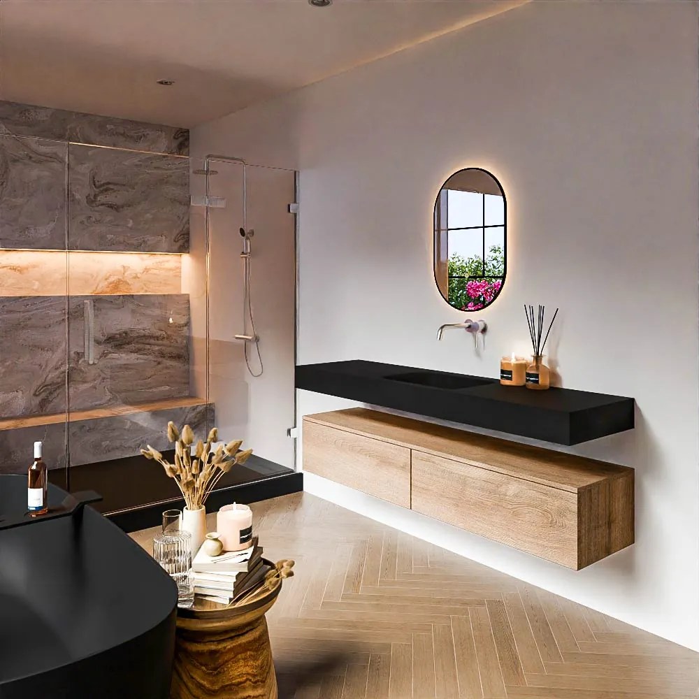 Zaro Alan badmeubel 170cm washed oak 2 lades met vrijhangende wastafel cloud midden zonder kraangat urban