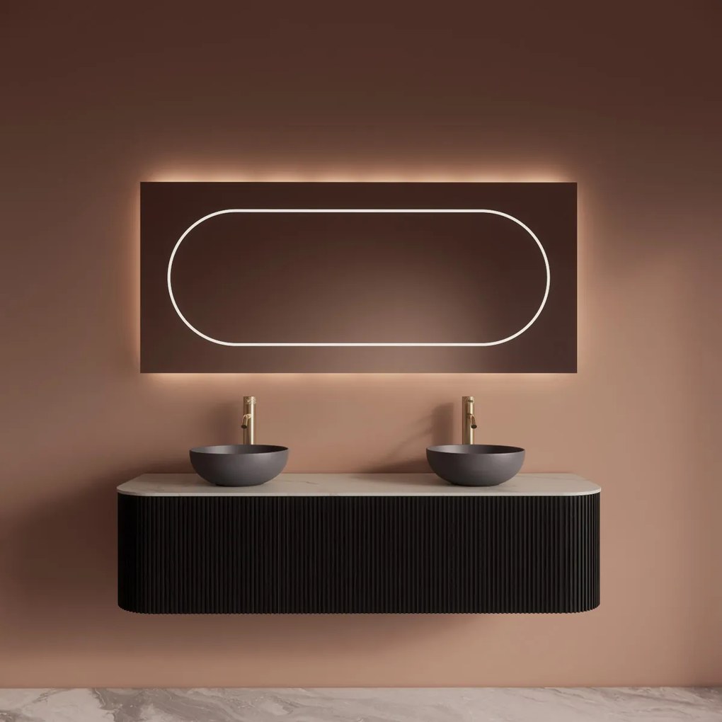 Gliss Design Alluro badmeubel ribbelfront met ronding links/rechts 160cm black en wit marmer toppaneel