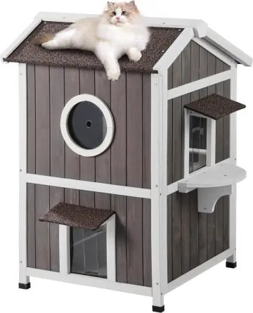 VEVOR Weerbestendig buitenkattenhuis, schuilplaats voor wilde katten voor meerdere katten, groot houten buitenkattenhuis met twee verdiepingen, deuren, PVC-deurkleppen en een transparant venster, 58,4 cm L x 66 cm B x 91,4 cm H