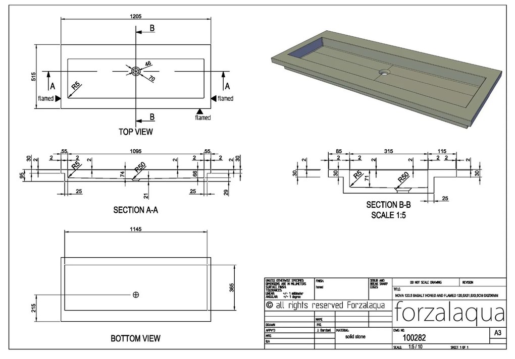 Forzalaqua Nova wastafel 120x50cm zonder kraangat carrara gepolijst