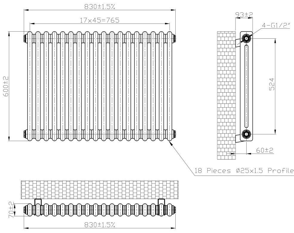 Eastbrook Imperia 2 koloms radiator 85x60cm 1143W antraciet