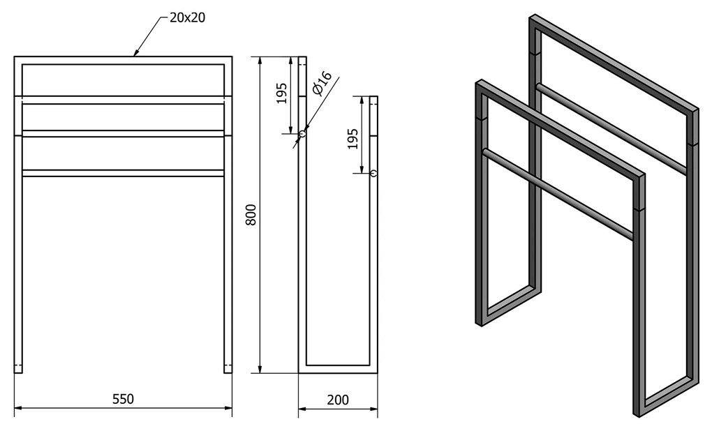 Sapho Industrial handdoekrek mat zwart met hout 80x55x20cm