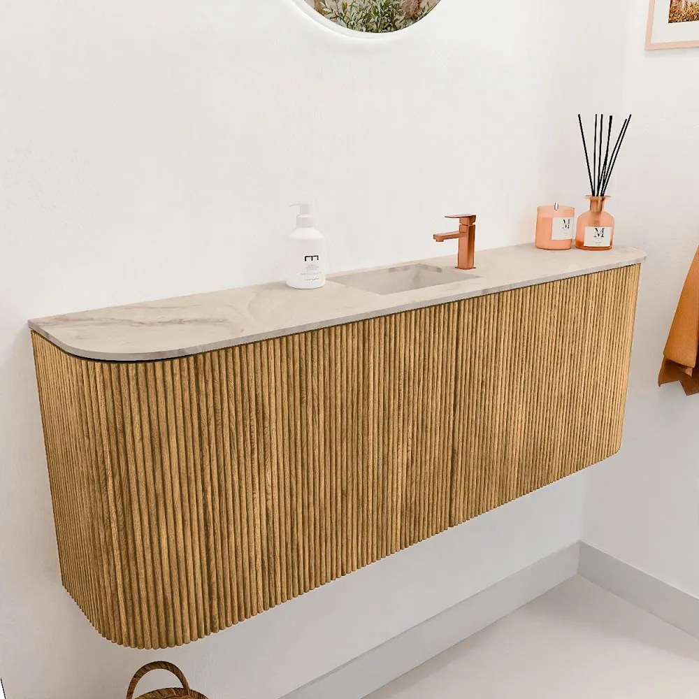 Mondiaz Joya DLux 115cm toiletmeubel ronding links/rechts oak met wastafel faye midden 1 kraangat frappe