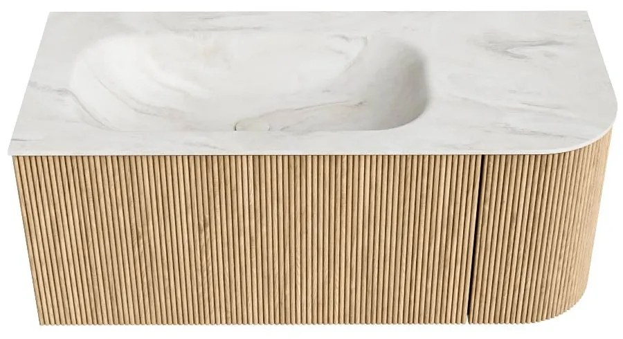 Mondiaz Kurve-dlux 105cm badmeubel ronding rechts oak met 1 lade en deur en wastafel big small links zonder kraangat ostra