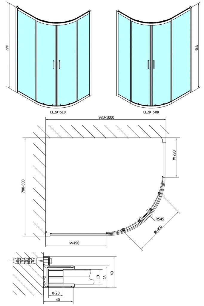 Polysan Easy Black kwartronde douchecabine 100x80cm zwart mat