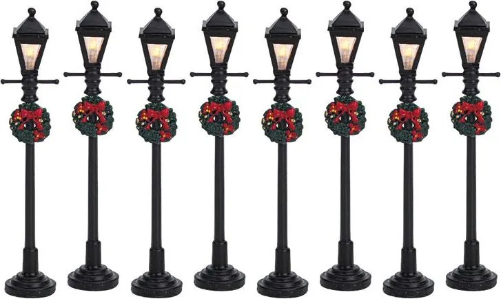 Lemax - 'Gas Lantern Street Lamp' - Set van 8 stuks - Verlicht accessoire - Exclusief adapter (werkt ook op batterijen)