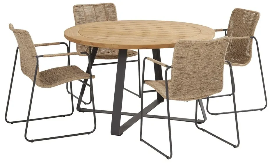 Taste by 4 Seasons Palma tuinset naturel met Basso tafel teak blad Ø 130 cm Tuinset beige weerbestendig
