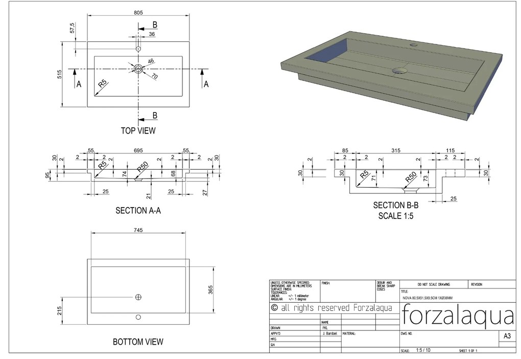 Forzalaqua Nova wastafel 80x50cm met kraangat carrara gekapt