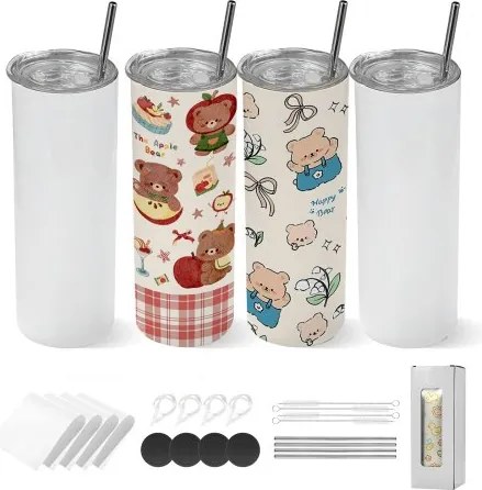 VEVOR sublimatiebekers 4 stuks (591 ml), roestvrijstalen sublimatiebekers met deksels en rietjes, dubbelwandige geïsoleerde sublimatiebekers voor individuele doe-het-zelf-ontwerpen en cadeaus