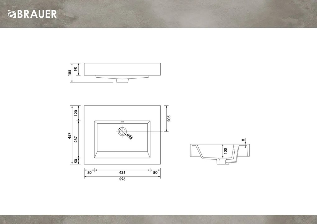 Brauer Solar Thick wastafel mineraalmarmer 60cm zonder kraangat wit glans