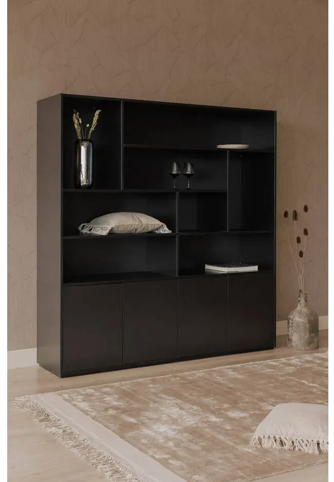 Goossens Basic Buffetkast Madrid, 4 dichte deuren 8 open vakken, zwart melamine, 184 x 191 x 45 cm, elegant chic