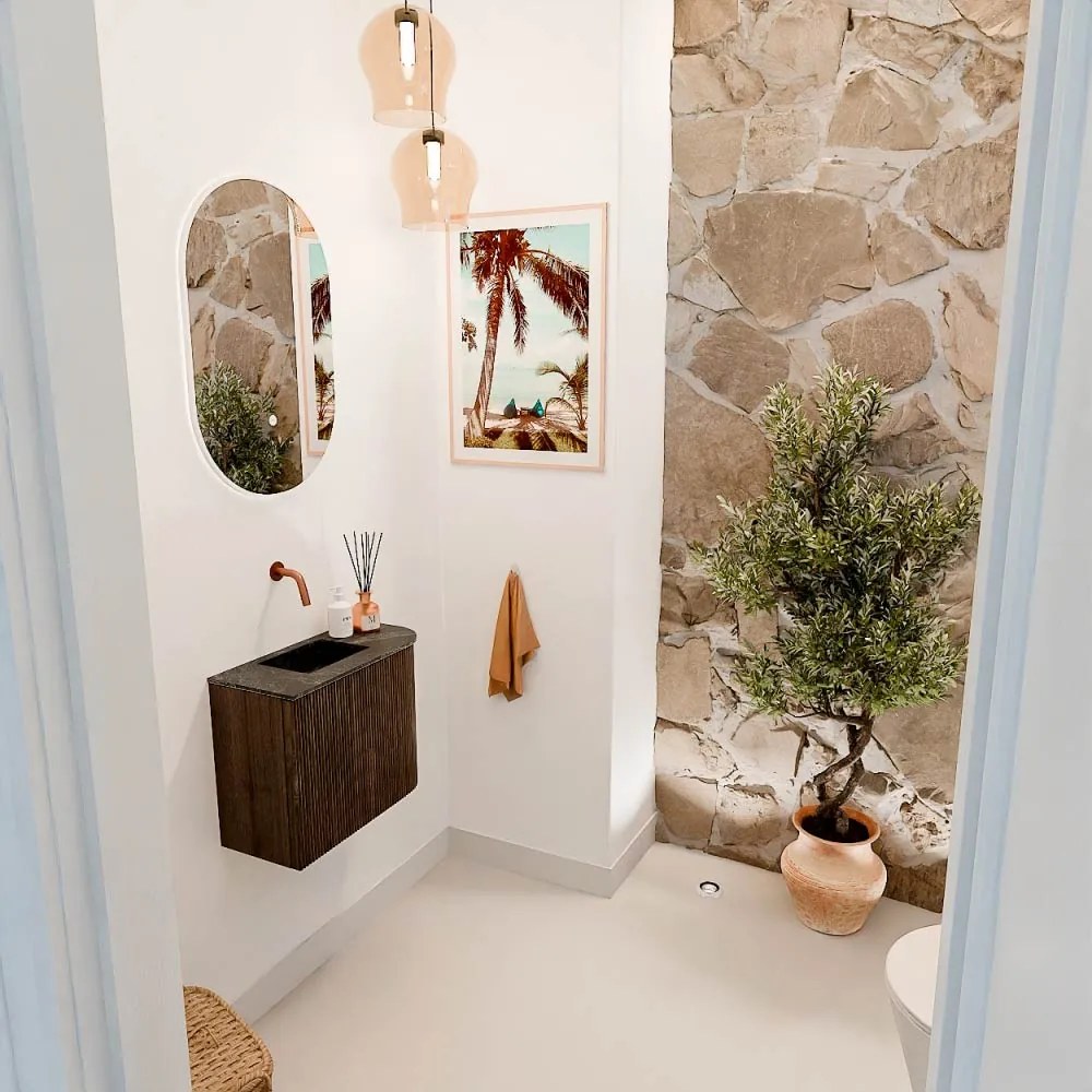 Mondiaz Joya DLux 50cm toiletmeubel ronding rechts walnut met wastafel faye links zonder kraangat lava
