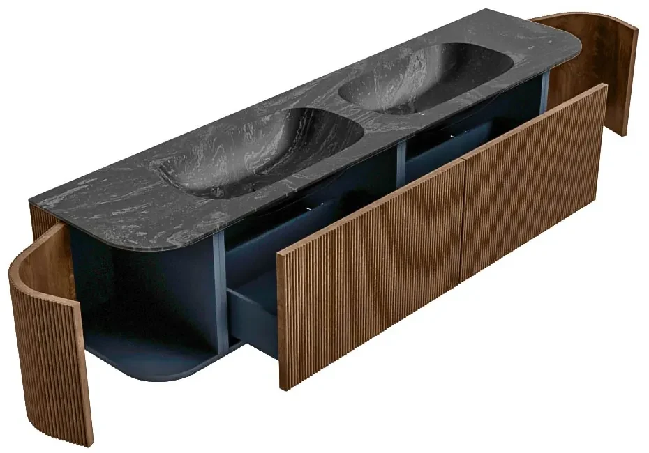 Mondiaz Kurve-dlux 190cm badmeubel ronding links/rechts walnut met 2 lades en deuren en wastafel stor small dubbel 2 kraangaten lava