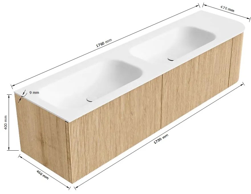 Mondiaz Kurve 175cm badmeubel ronding rechts oak met 2 lades en 1 deur en wastafel big small dubbel/links 2 kraangaten urban