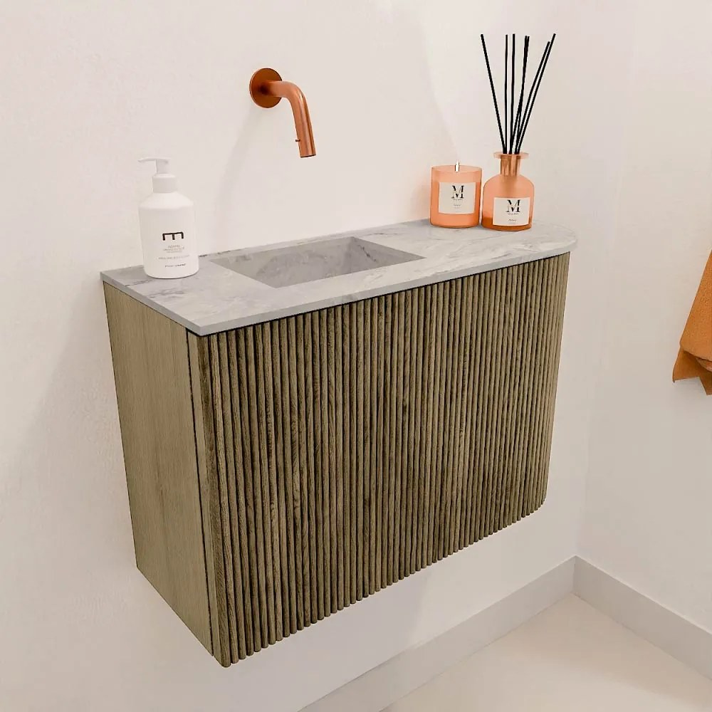 Mondiaz Joya DLux 60cm toiletmeubel ronding rechts dusk met wastafel faye links zonder kraangat glace